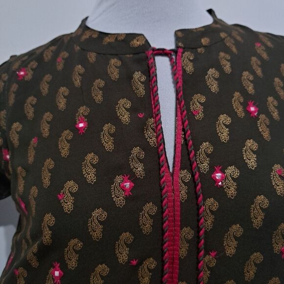 Fusion Printed Cultural Boho Tiered Paisley Midi Dress Olive/Pink Medium NWT - Picture 10 of 14